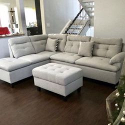 Gray Sectional Sofa Couch With Storage Ottoman 