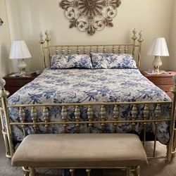 Antique Calif-King Solid Brass Bed Frame & Bench