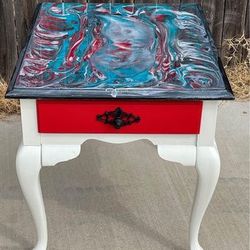 French provincial white with red drawer epoxy top end side or accent table 23.5”H x 22.5”L x 27”W