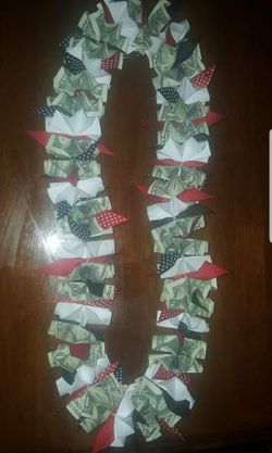 Money lei with $30 and paper and ribbon accents