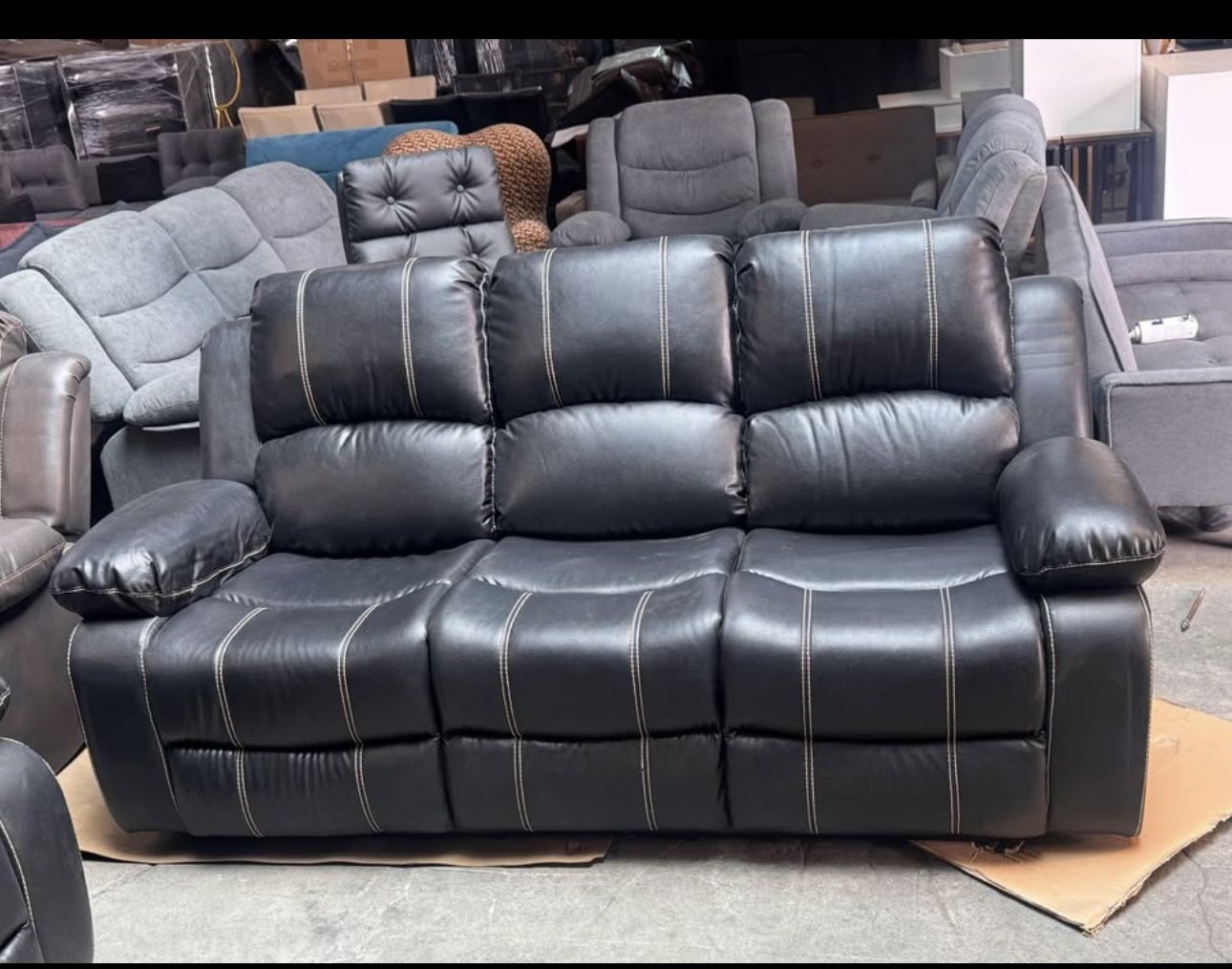 Black Double Reclining 2 Pc Sofa with Center Drop Down Cup Holder Comfortable Plush Seat