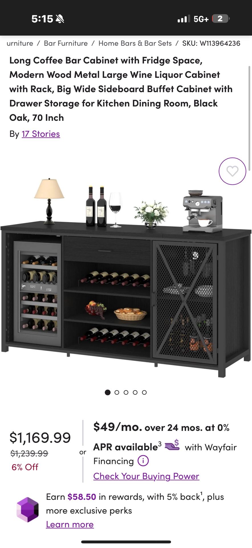 70 Inch Long Coffee Bar Cabinet with Fridge Space, Modern Wood Metal Large Wine Liquor Cabinet