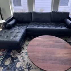 Article Sven 100” Tufted Leather Right Chaise Sectional – Oxford Blue + 10’x10’ Rug