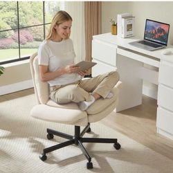 Thick Cushioned Cross-Legged Office Chair in Beige with Adjustable Padded Arms, Mid Back