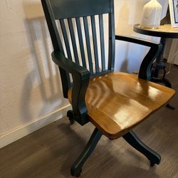Vintage Solid Wood Swivel Office Chair – Green & Wood – Rolling Base