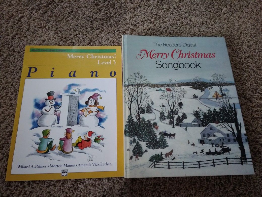 Vintage songbook titled "The Reader's Digest Merry Christmas Songbook" plus Merry Christmas Level 3 piano