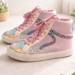Girls Glitter High-Top Sneakers – Size 4 – Iridescent & Pink Leopard Style