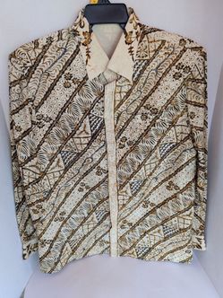 Long-sleeve Indonesia shirt intricate diagonal Batik Sz L beige brown Custom Men