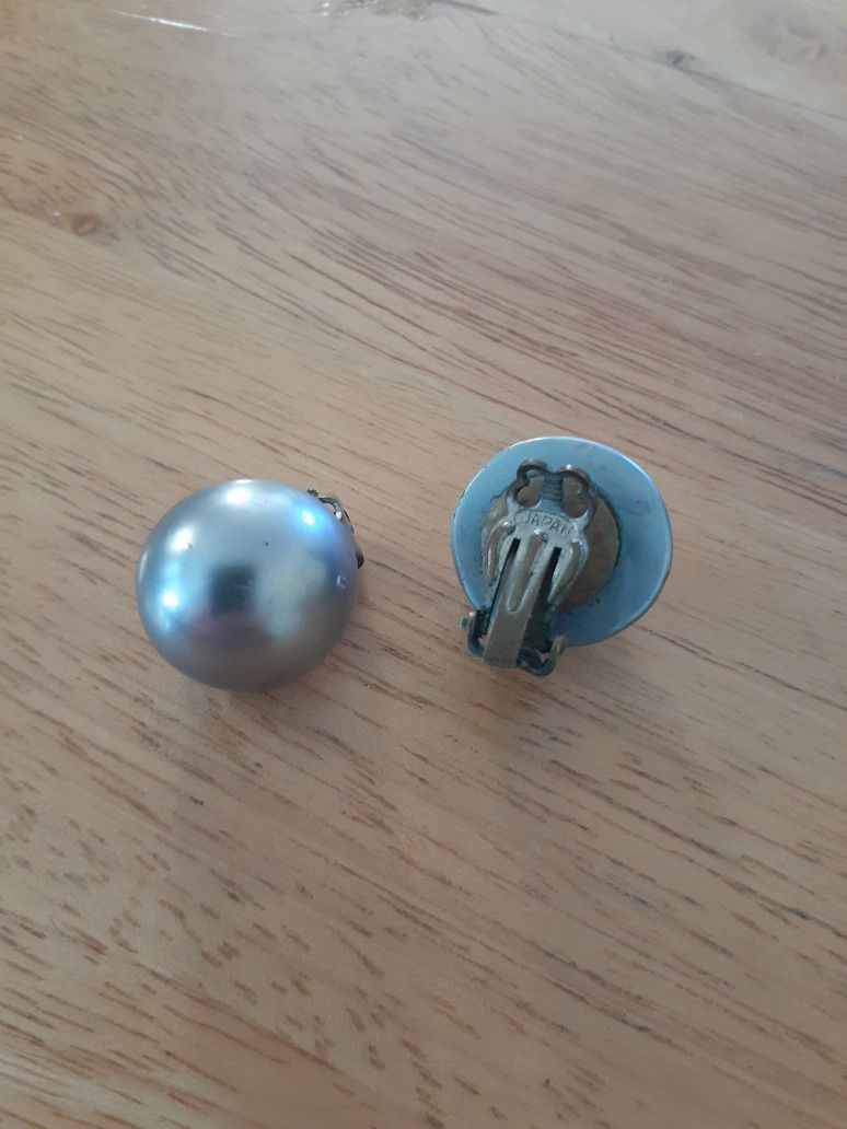 Mid-century Pewter Silver/Blue Button Earrings Made In Japan 1950s Chic