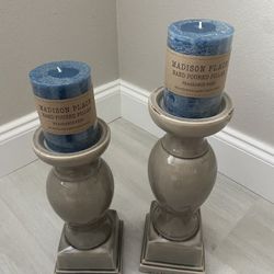 Nice Pair Of Sage Green Ceramic Candle Holders And Candles 