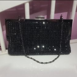 Black Beaded Evening Clutch w/ Chain Strap – Formal / Wedding Bag