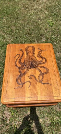 Nautical wood burned octopus end table