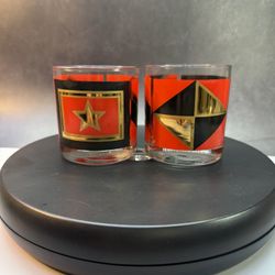 Set of (2) Vintage Washington Glasses.  Mid-Century. Geometric Red Black and Gold. Rocks glasses. 