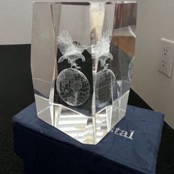 3D Laser Etched Eagle & Globe Crystal Glass Paperweight Holographic 3" Tall Comes in box  In excellent condition