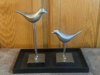 Silver Metal Bird Sculptures Set of 2 Modern Decor