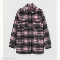H&M Pink Black Plaid Pattern Oversized Button Jacket Coat