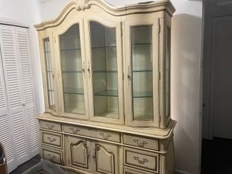 China Cabinet, Beige Wood Glass, 61W 81H, 8 Drawers 6 Shelves - Fair - Dallas, TX