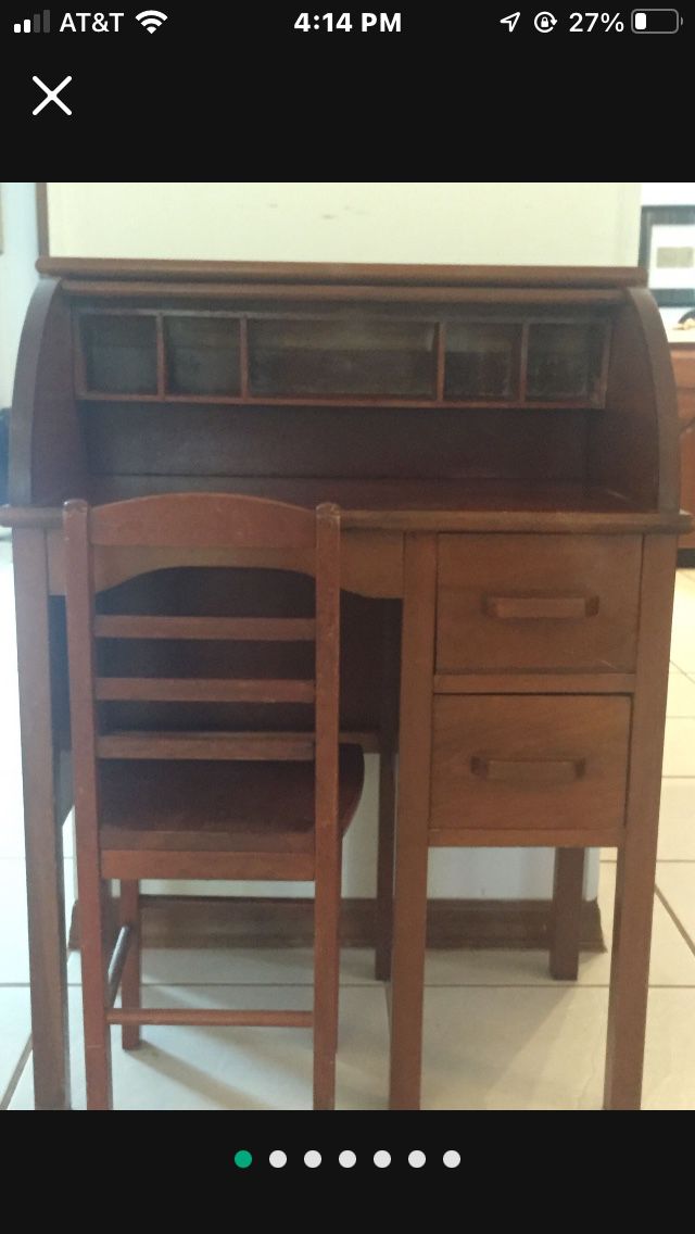 Vintage Antique child’s roll top desk with chair