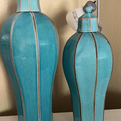 2 Teal Color Ceramic Vases 
