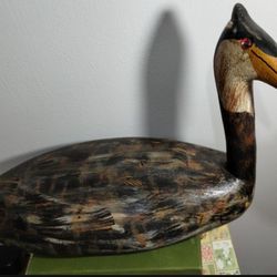 LARGE HAND PAINTED - HAND CARVED GREBE DUCK SCULPTURE 22"×9"×11"H