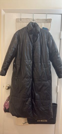 Black Faux Leather Long Puffer Coat