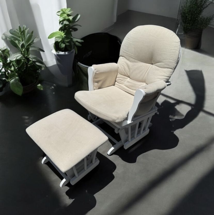Like new white padded cushion rocking / slider chair $55, ottoman $20