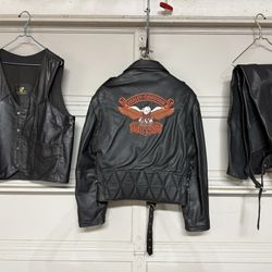 Motor Cycle Leathers. Jacket With Harley Davison Logo. Vest And Chaps.
