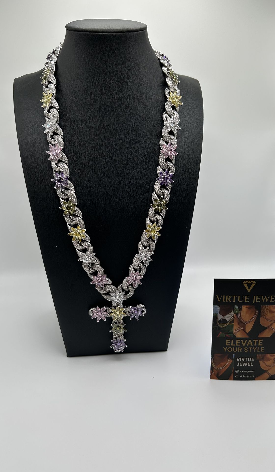 White Gold Plated Cross Silver Cross Purple Yellow Pink Flowers