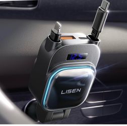 LISEN 96W 4 in 1 Retractable Car Charger with USB C & Lightning Cable for iPhone 17 Pro Max 16 15 14 13 12, Samsung Galaxy S25 S24, Android - Fast Cha