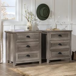 Edison Farmhouse 3 Drawer Nightstand, Grey Wash(New In A Box)