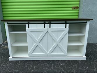 Farmhouse Sliding Barn Door TV Stand / Buffet Cabinet – White & Dark Walnut
