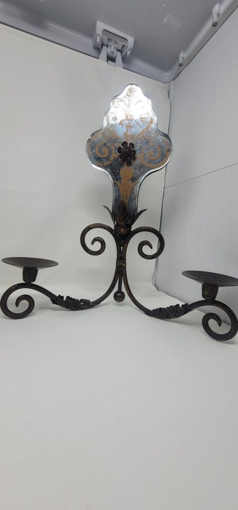 Large Ornate Black Wrought Iron Two Arm Gothic Taper Candle Holder Wall Sconce w/ Vintage style Mirror