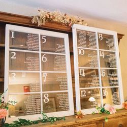 Restored window frames perfect for wedding seating chart