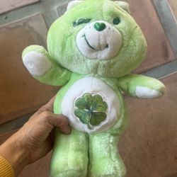 Vintage 1980s Kenner Good Luck Care Bear Green plush with Four Leaf Clover 13"