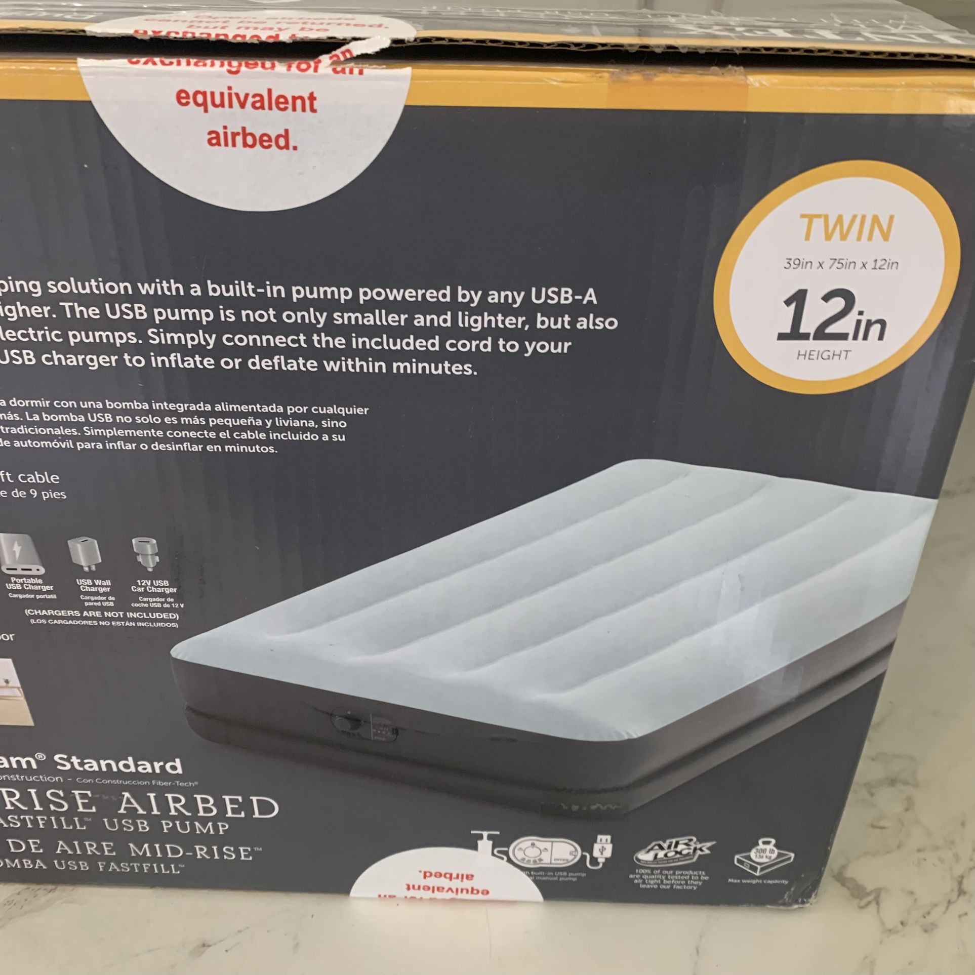 New Open Box Intex Mid Rise Air Mattress, Twin Size - Gray USB Fastfill Pump 12in height 39inx75inx12in