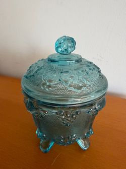Teal Blue Pressed Glass Footed Candy Dish with Lid