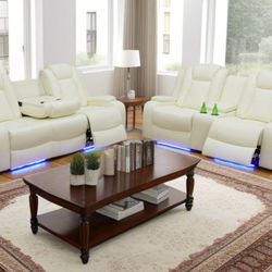 2pcs White Leatherette Reclining Living Room Set W/LED Light 👍90 days FREE FINANCING 