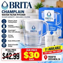Brita Champlain 10-Cup Water Filter Pitcher + 2 Filters – $30