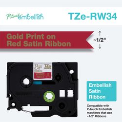 Brother P-touch Embellish Satin Ribbon 0.47''x13.1' Gold on Red NEW!! NIB