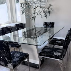 Modern Glass Dining Table with 6 Chairs – Elegant Black & White Set