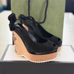 Gucci Tattoo Heart Cork Wedge Sandals Size 6 EU