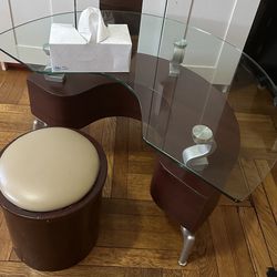 Vintage Glass Top Accent Table With Ottoman 