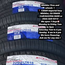 SET OF NEW TIRES, 225/45R18 ATLANDER 95W XL, INCLUDING MOUNTING AND BALANCING. ASK ME FOR ANY SIZE OR BRAND, LLANTAS NUEVAS