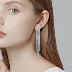 Silver clip on Triangle Rhinestone Chandelier Dangle Earrings.  (O)