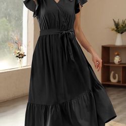 BRAND NEW IN BAG YESNO Women's  XL Summer Casual Wrap V Neck Floral Dress Ruffle Cap Sleeve Elastic Waist Dresses with Pockets 