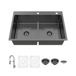 Brand New in Box Glacier Bay 33 in. Drop-In Double Bowl 18-Gauge Gunmetal Black Stainless Steel Kitchen Sink with Spring Neck Faucet
