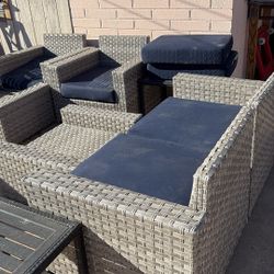 Wicker chairs, two tables