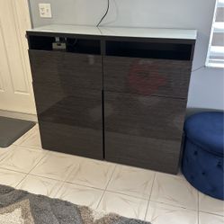 Black/ Brown With White Glossy Top Entertainment Center With Lots Of Storage 