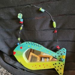 Handmade Pottery Glazed Fish Mirror With Beaded Wire Hanger 6"x3"