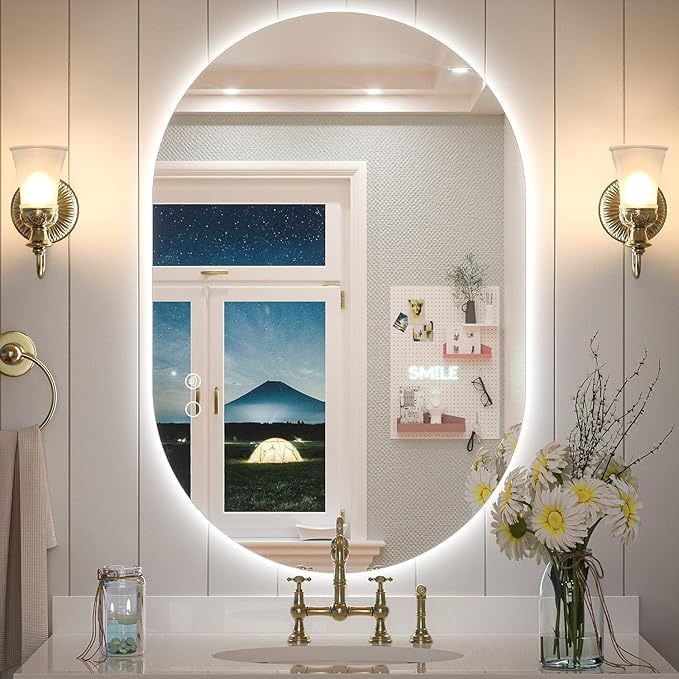 24 x 32 Inch LED Oval Mirror Backlit Bathroom Mirror Dimmable Lighted Vanity Mirror Anti-Fog Wall Mounted Makeup Mirror with Lights